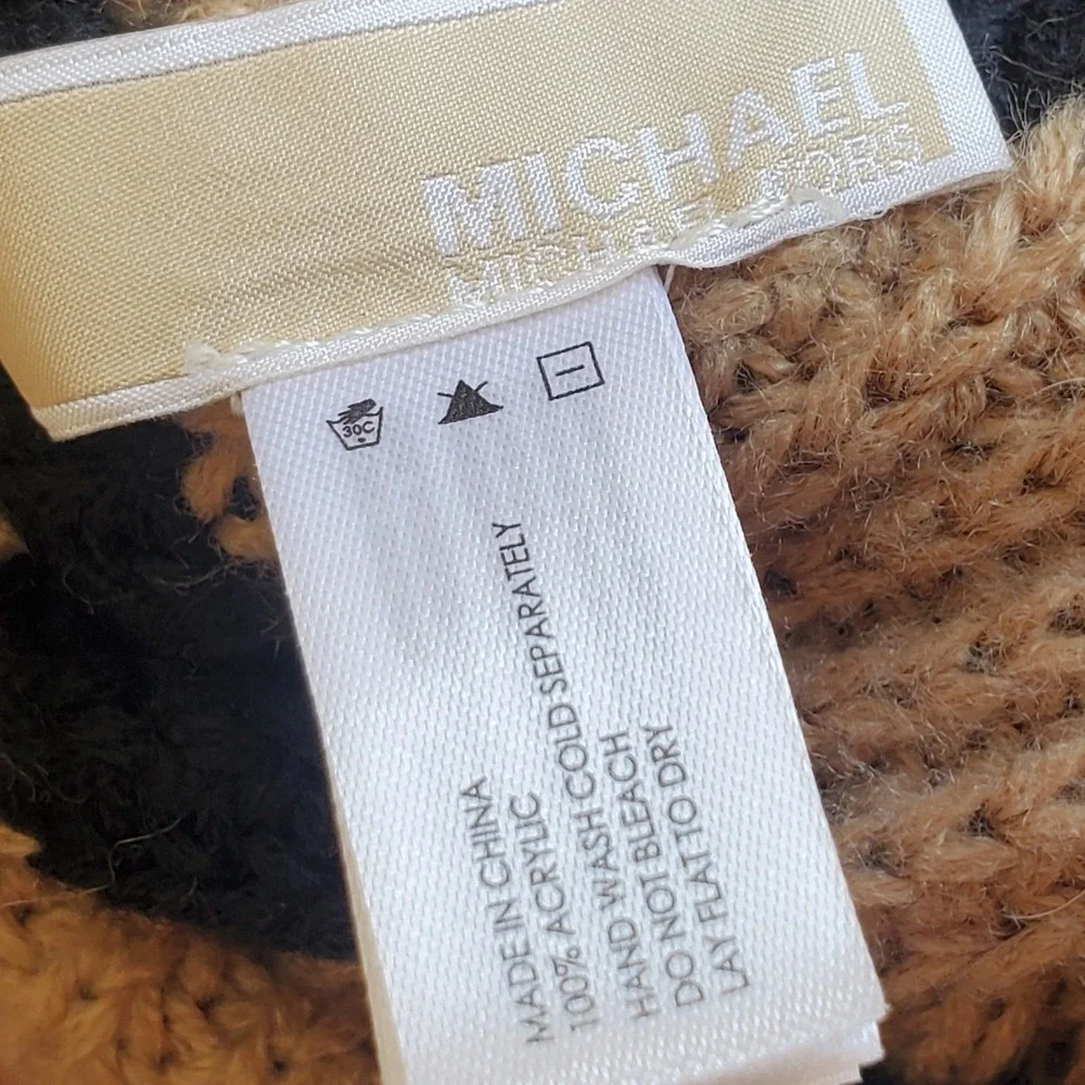 Michael Kors Beanie Hat Camel Black Striped‎ Pom Pom Winter Knit One Size